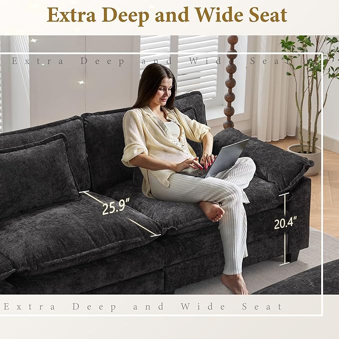 URRED Modular Sectional Sofa Comfy Cloud Couch, Modern Chenille Sofa Sleeper Deep Seat Couches with Ottoman/Pillows for Living Room (Black, 117'')