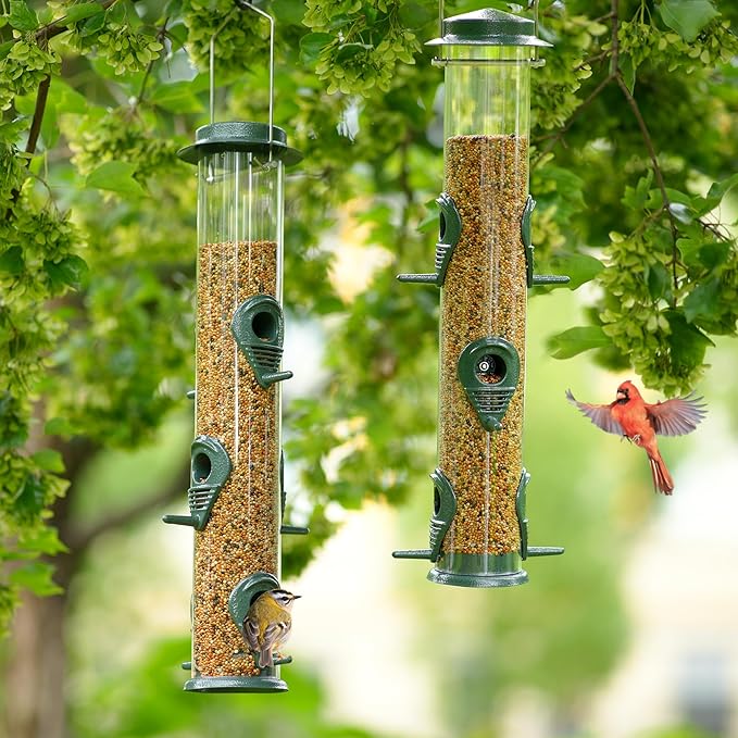 MIXXIDEA 1PK Metal Bird Feeders with 6 Feeding Ports,Tube Bird Feeder with Steel Hanger,Hard Plastic Wild Bird Feeder for Outdoors Hanging, Attracting Birds in Your Lawn, Garden, Balcony–Green