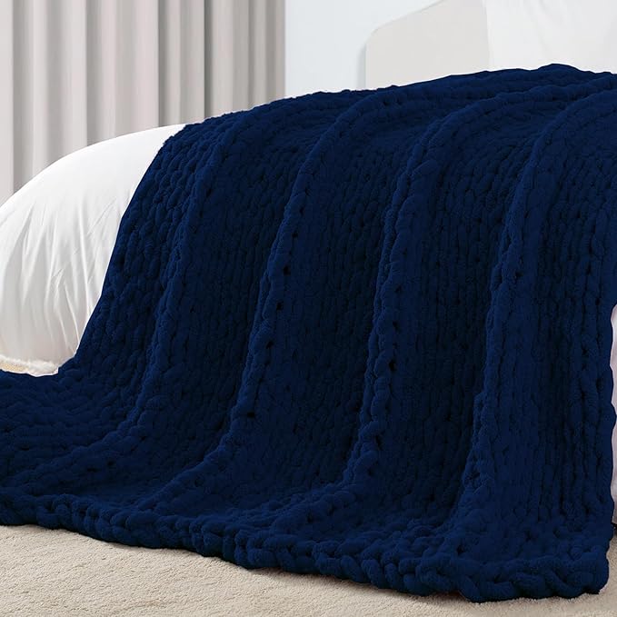Carriediosa Chunky Knit Throw Blanket 50" X 60", 100% Hand Made Large Chenille Loop Yarn Soft Fluffy Throws for Couch Sofa Bed, Big Crochet Cozy Heavy Thick Cable Woven Blankets, Navy Blue