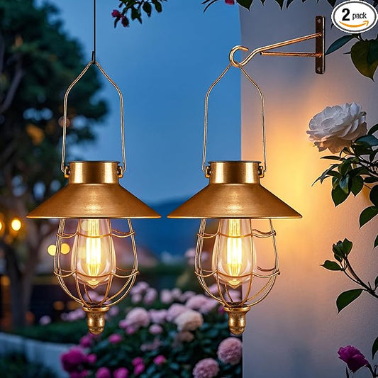 pearlstar 2 Pack Solar Lantern Outdoor Hanging Light Waterproof Metal Solar Lamp for Yard Garden Pathway Patio Porch Decor(Copper)