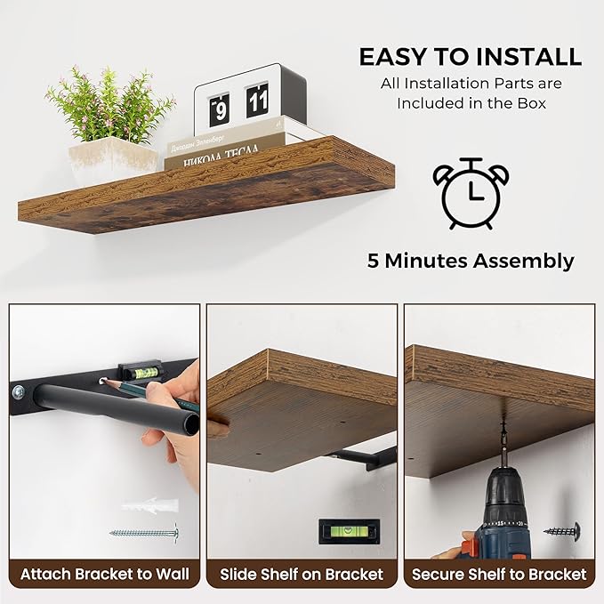 24 inch Floating Shelves Long Floating Shelves for Wall Large Wall Mounted Shelves with Invisible Brackets, Brown Shelves for Bathroom, Living Room, Kitchen, Office, 24x6.7 inch deep Set of 2
