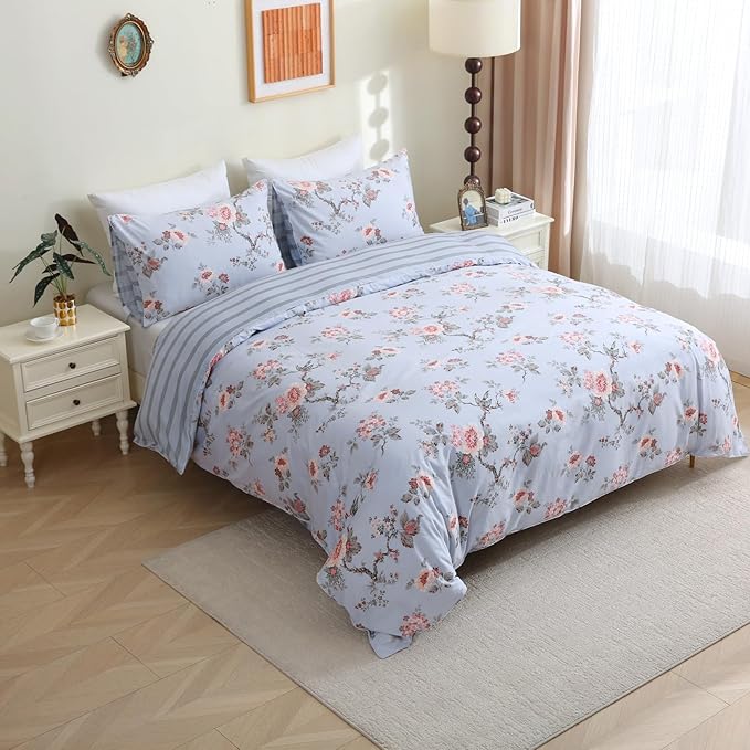 ABREEZE Floral Duvet Cover Queen Size Set Bird Flowers Bedding Set 100% Brushed Cotton Bedding Collection 1 Duvet Cover with 2 Pillowcases Grey