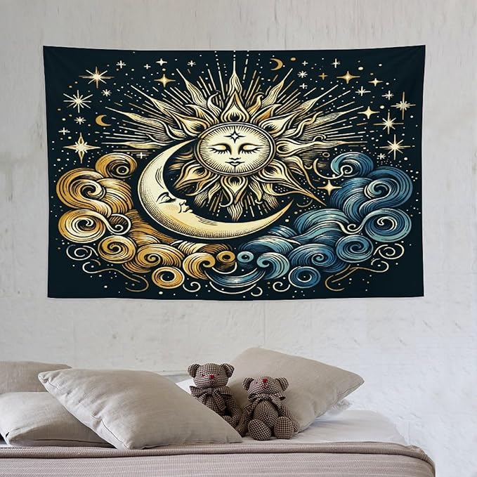 HZOHNAGO Sun Moon Tapestry Boho Golden Stars Pattern Printed Wall Tapestry Wall Hanging for Bedroom Living Room Dorm 60" W x 40" H