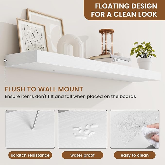 fuqing Floating Shelves for Wall, Bathroom Shelf Wall Mounted for Storage, Shelves with Invisible Bracket for Bedroom, Kitchen, Living Room, Farmhouse Small Book Shelf, 40 Inch Set of 2, White