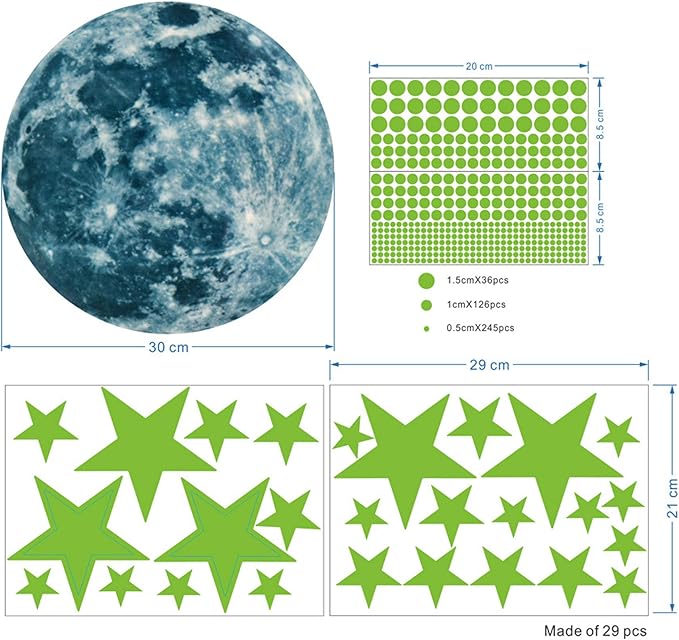 Luminous Wall Decals Ceiling Stickers Glow in The Dark Moon and Stars Starry Sky Shining Decals Room Decoration Perfect Gifts for Kids Bedroom Bedding Room, 1 Moon + 436 Stars and Dots