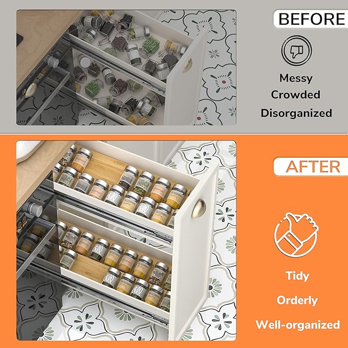 AMBIRD Bamboo Spice Drawer Organizer with Non-slip Mat, 4 Tier Jar Spice Rack Tray 13'',Seasoning Organizer for Kitchen,Cabinet,Drawers,Countertop