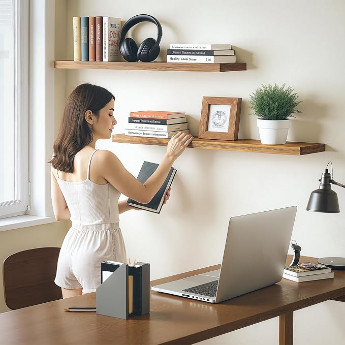 BAMEOS Floating Shelves,40 in W x 7in D Wall Mounted Wooden Shelves with Invisible Brackets Set of 2, Hanging Wall Shelves Decoration for Bedroom, Bathroom, Living Room and Kitchen,Rustic Brown