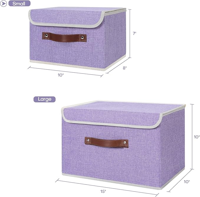 ANMINY Storage Bin with Lid Storage Boxes with PU Leather Handles PP Plastic Board Decorative Foldable Lidded Cotton Linen Fabric Home Cubes Baskets Closet Organizer Container - Purple, Small Size