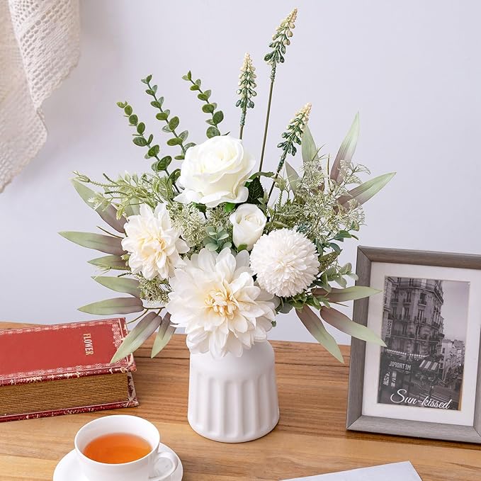 Fake Flowers in Vase, Artificial Flowers with Vase, 15.7'' Floral Arrangements for Dining Table Centerpiece Decor, Silk Roses & Faux Dahlia Bouquet for Farmfouse Kitchen Coffee Table Decor (White)