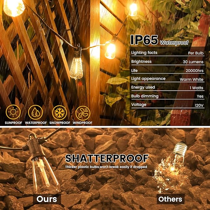 100FT Outdoor String Lights, LED Patio Lights with 50+3 ST38 Vintage Edison Shatterproof Bulbs, IP65 Weatherproof Outside Hanging Lights for Backyard Bistro Cafe Garden(50FTx2)