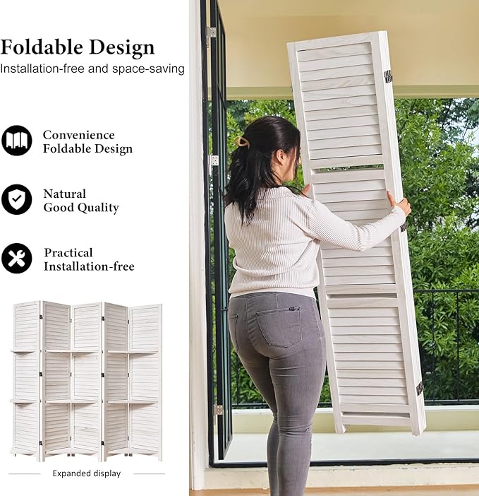 Partition Room Dividers, Folding Wood Privacy Screen with Three Display Shelves Suitable for Home Office, Study, Art Display - 5 Panel, 67 * 64inch (White-Washed)