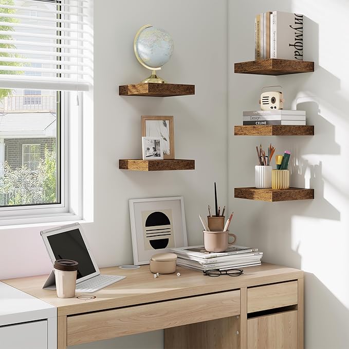 fuqing Floating Shelves for Wall, Bathroom Shelf Wall Mounted for Storage, Shelves with Invisible Bracket for Bedroom, Kitchen, Living Room, Farmhouse Small Book Shelf, 6.5 Inch Set of 3, Rustic Brown