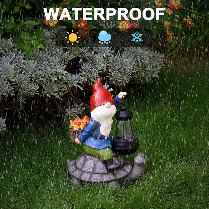 Gnome and Turtle Garden Decor, Large Outdoor Garden Sculptures & Statues, Outside Patio Yard Lawn Decorations, Housewarming for Women, Mom, Grandma with Solar Lantern