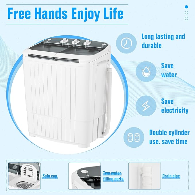 Pataku Portable Washing Machine, 17.6 Lbs Compact Mini Washer and Dryer Combo,Twin Tub Laundry Washer with Spin Cycle, Soaking Function Ideal for Apartment, Dorms, RVs Camping, Grey