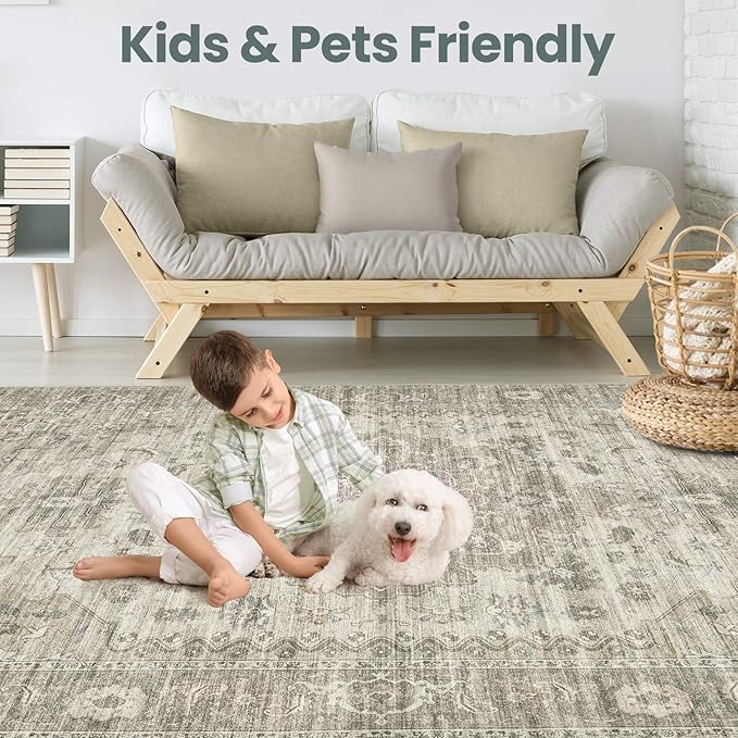 Washable Area Rugs for Living Room -8x10 Neutral Vintage Distressed Floral Farmhouse Boho Large Soft Floor Rug Indoor Non Slip Carpet for Living Room Bedroom Dining Room Office - Brown/Tan