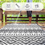 Waterproof Outdoor Rug 6x9ft, Bohemia Reversible Plastic Straw Mat for Patio RV Deck Porch Backyard Balcony Camping Picnic Beach Indoor Outdoor Carpet, Black&White