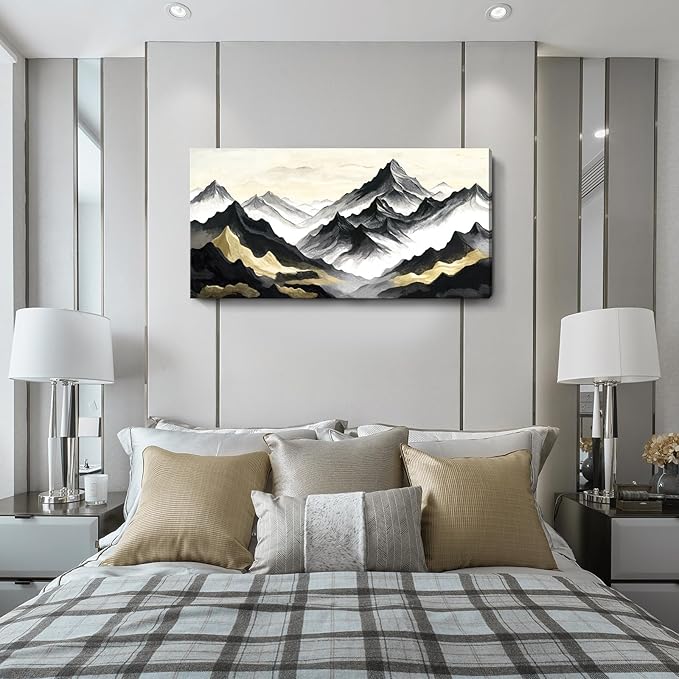amatop Large Abstract Mountain Wall Art for Living Room Office Bedroom Modern Landscape Canvas Art Print Inspirational Artwork Horizontal Black Gold and White Nature Picture Wall Decor 48x24 Inch