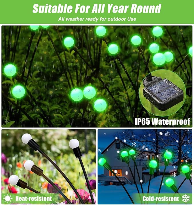 Solar Firefly Light, Christmas Lights for Outside Decorations, 4 Pack 24 LED Green Solar Garden Lights, Outdoor Waterproof Garden Decor for Yard Patio Pathway Lawn Christmas