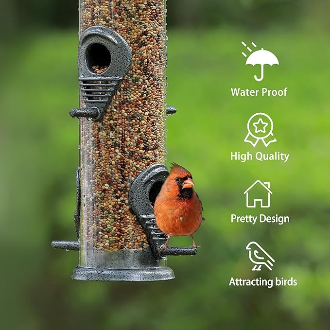 MIXXIDEA 1PK Metal Bird Feeders with 6 Feeding Ports,Tube Bird Feeder with Steel Hanger,Hard Plastic Wild Bird Feeder for Outdoors Hanging, Attracting Birds in Your Lawn, Garden, Balcony-Grey
