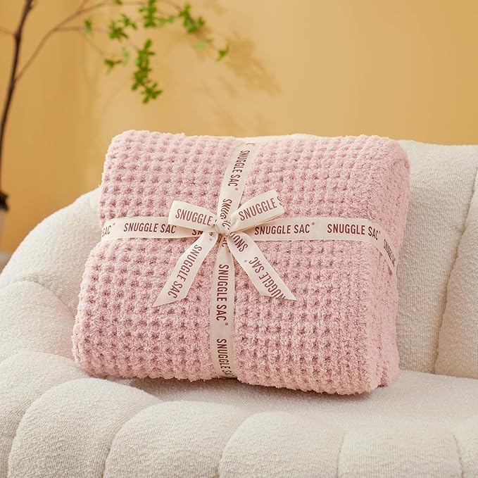Snuggle Sac Pink Waffle Bedding Blankets Queen Size 90x90 inches, Reversible Microfiber Fluffy Fuzzy Soft Throw Cozy Knit Blanket for Women Mothers Birthday Gifts