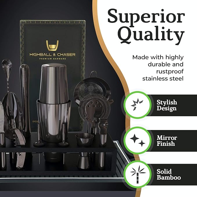 Highball & Chaser 13-Piece Gunmetal Black Stainless Steel Boston Cocktail Shaker Bar Tool Set with Mixology Bartender Kit Accessories
