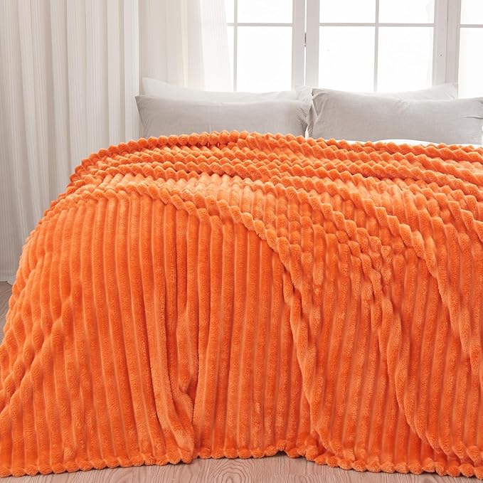 NEWCOSPLAY Super Soft Fall Queen Blanket Orange Premium Silky Flannel Fleece 3D Ribbed Jacquard Lightweight Bed Blanket All Season Use (Orange Ribbed, Queen(90"x90"))