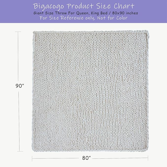 Bigacogo Chunky Knit Throw Blanket for Couch, 80x90 inches, 100% Hand Knitted with Thick Jumbo Chenille Yarn, Cozy Soft Large Rope Knot Cable Crochet Blankets for Sofa Bed Living Room, Ivory