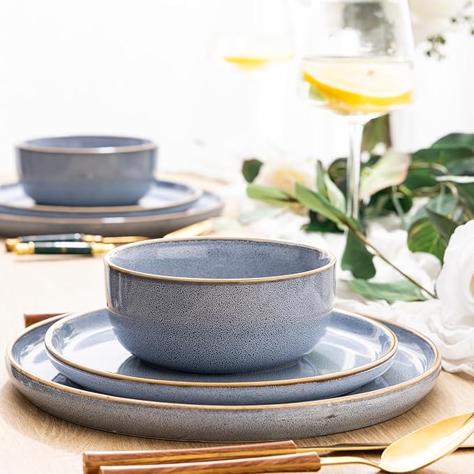 GBHOME Ceramic Dinnerware Sets for 8, 24 Pieces Stoneware Plates and Bowls Sets, Scratch Resistant Dishes, Dishwasher & Microwave Safe, Reactive Glaze-Brunnera Blue
