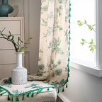 Sutuo Home Boho Curtain 84 Inches Length for Bedroom, Printed Cotton Linen Rod Pocket Semi Blackout Farmhouse Bohemian Tassels Window Treatment for Living Room, 1 Panel 59" W x 84" L, Green Forest