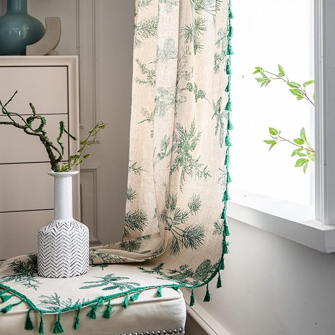 Sutuo Home Boho Curtain 84 Inches Length for Bedroom, Printed Cotton Linen Rod Pocket Semi Blackout Farmhouse Bohemian Tassels Window Treatment for Living Room, 1 Panel 59" W x 84" L, Green Forest