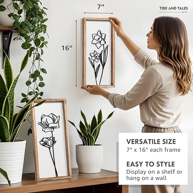 3D Black and White Wall Art (Set of 2) Lightweight, Wooden Ready-to-Hang Framed Floral Wall Art for Bathroom, Bedroom, Living Room or Office – Boho Botanical Farmhouse Decor – Gift-Boxed