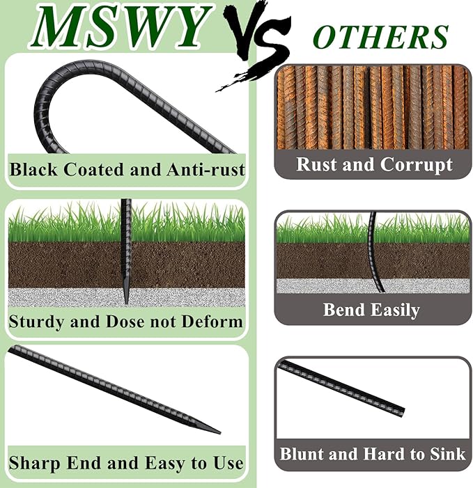 Rebar Stakes 16 Inch 20 Pack J Hook Ground Stakes Heavy Duty Tent Stakes Chain Link Fence Stakes with Chisel Point End Galvanized Steel Ground Anchors Metal Spikes Black Coated