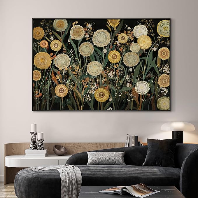 SIGNWIN 46"x72" Extra Large Framed Wall Art Whimsical Dandelion Field in Yellow and Green, Playful Botanical Print for Home Living Room Bedroom Decor (Frame Assembly Required)