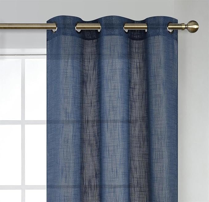 MIUCO Semi Sheer Curtains Poly Linen Textured Solid Grommet Curtains 84 Inches Long for French Doors 2 Panels (2 x 37 Wide x 84" Long) Navy Blue