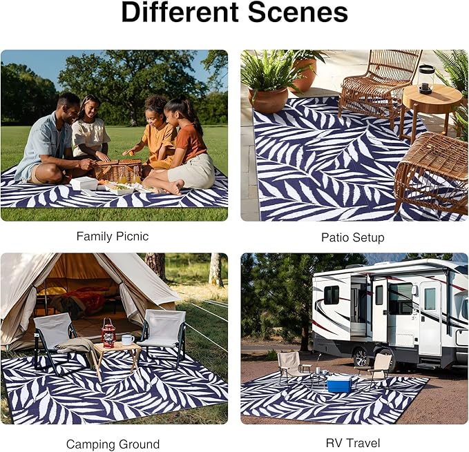 OLANLY Waterproof Outdoor Rug 8x10 ft, Reversible Outdoor Plastic Straw Rug with Leaf Pattern, RV Mat, Indoor Outdoor Carpet for Patio, Camping, Balcony, Deck, Backyard, Navy & White