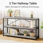 LVB Farmhouse Industrial Console Table, Wood Metal Foyer Entryway Sofa Tables with Storage, 3 Tier Long Rustic Entry Table TV Stand with Shelves for Home Living Room Hallway, Light Grey Oak, 55 Inch