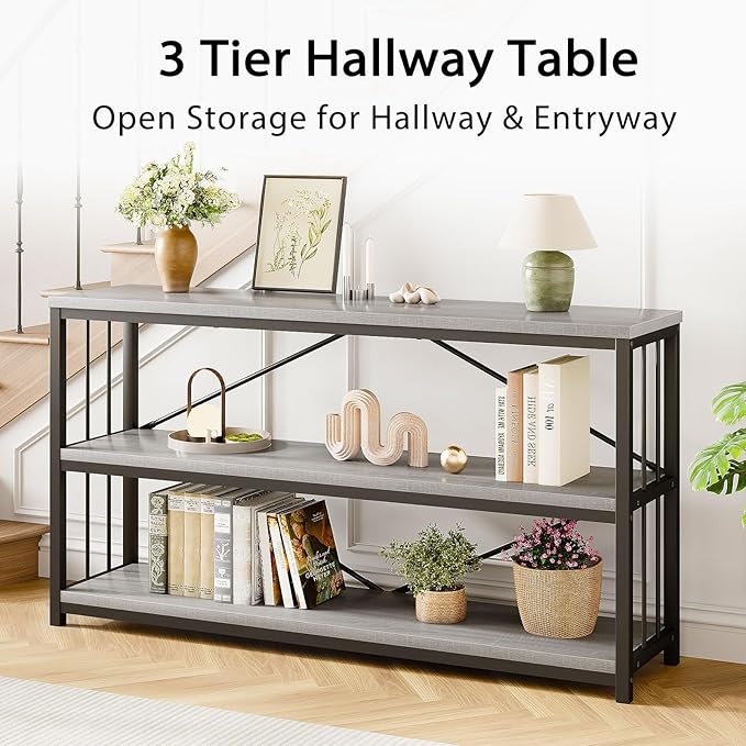 LVB Farmhouse Industrial Console Table, Wood Metal Foyer Entryway Sofa Tables with Storage, 3 Tier Long Rustic Entry Table TV Stand with Shelves for Home Living Room Hallway, Light Grey Oak, 55 Inch