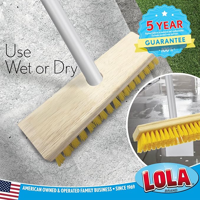 Lola Products Deck Scrub Brush Broom, 9" x 3.5" Wide, Durable Bristles Remove Dirt, Grime, Grout, Leaves, Snow on Patios, Decks, Wet or Dry, 9 Count