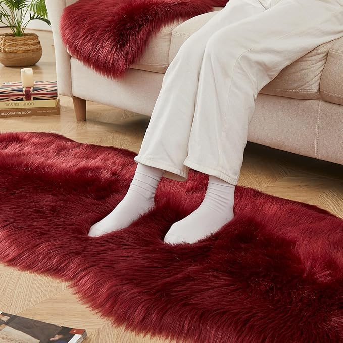 AMTOVO Faux Sheepskin Rug, Burgundy Ultra Soft Fluffy Shag Area Rug, 2 x 6 ft Faux Fur Rug for Bedroom Sofa Throw Cushion Room Decor, Sheepskin