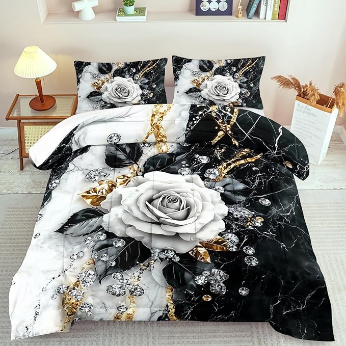Marble Floral Comforter Set for Queen Bed Women,Vintage Flower Bedding Set Queen,White and Black Comforter Rose Quilt for Girls,Rose Bedding Floral Bedroom Decor Adults