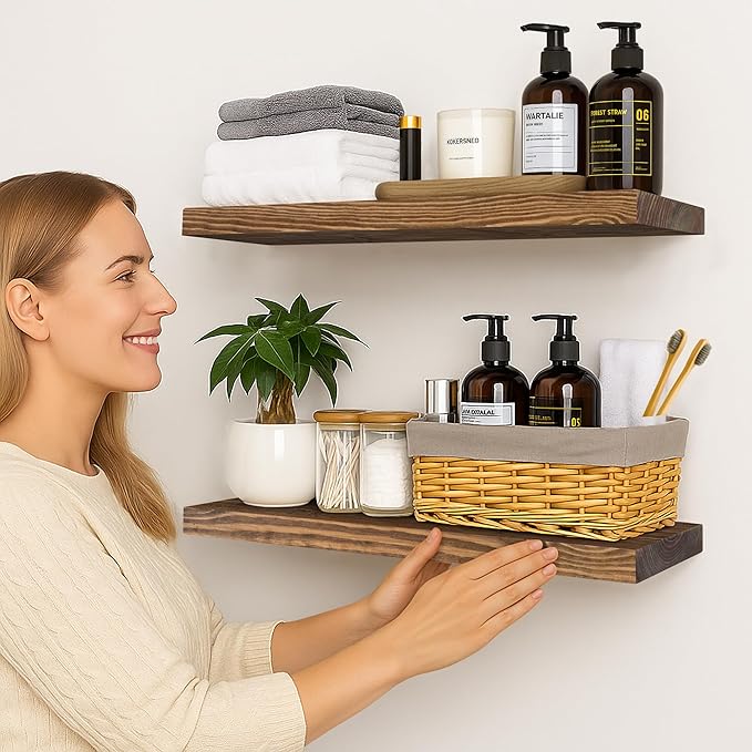 BGMG Wood Floating Shelves for Wall 24 inch Set of 2, Rustic Wooden Wall Mount Shelves for Bathroom Living Room Bedroom Kitchen Farmhouse -24x 6.7 x1.25 inch- Walnut Color