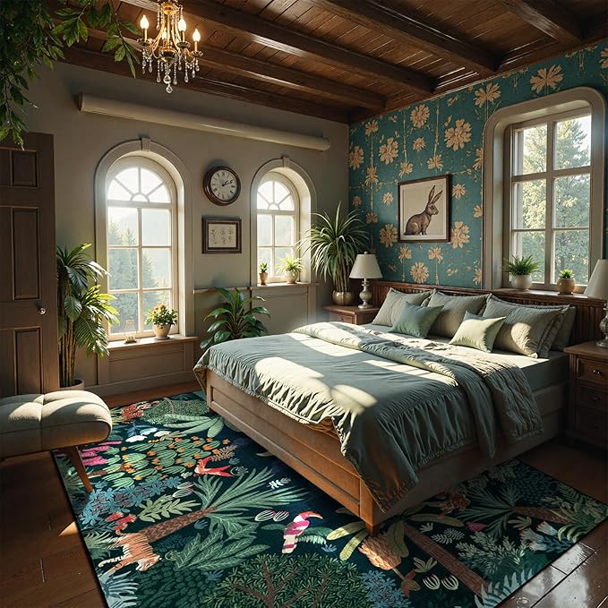 LIVEBOX Washable Bedroom Rug 8x10 Under Bed, Modern Stain Resistant Dark Green Botanical Rug for Living Room Playroom Kids Boy Room, Non-Slip Jungle Forest Print Rugs for Nursery Baby