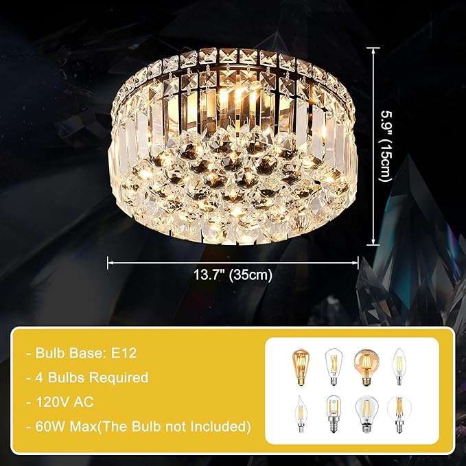 4-Light Black Crystal Chandeliers Flush Mount Chandelier Light Fixture with K9 Crystals Modern Ceiling Lights Elegant Round Lamp for Bedroom,Hallway,Bar,Living Room,Dining Room,H5.9 xW13.7