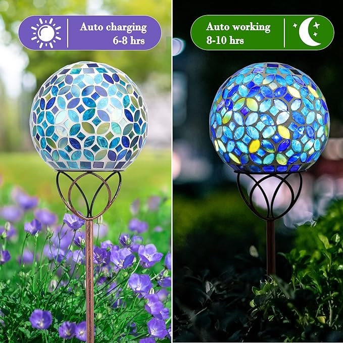 Solar Lights Outdoor Decorative, Solar Gazing Ball Mosaic Garden Stakes Decorative Waterproof Outdoor Lights for Pathway Yard Lawn Decoration (Blue)