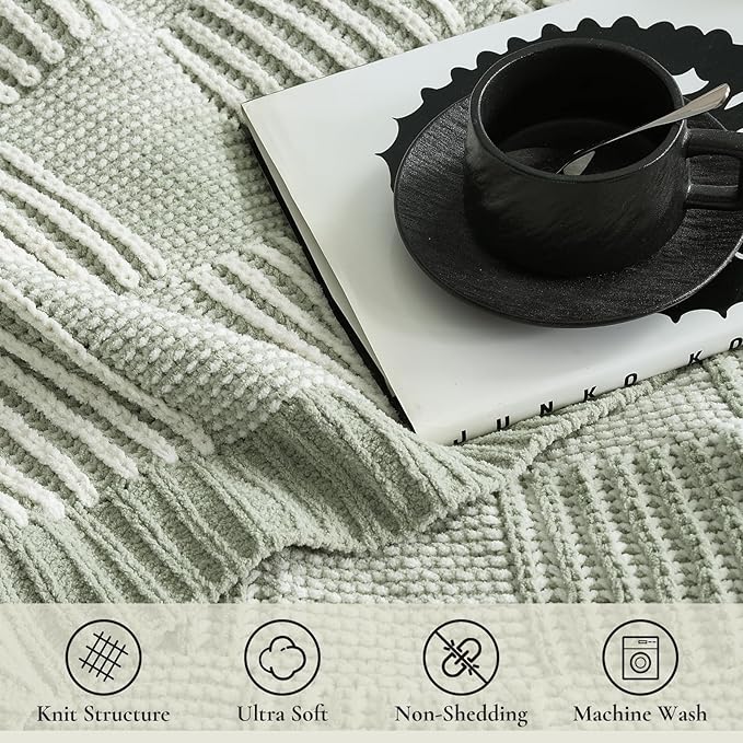 Amélie Home Chenille Knit Throw Blanket for Couch, Checkered Texture Decorative Soft Blanket for Sofa, Bed & Living Room, 50"x60", Sage Green & White