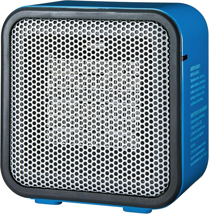 Amazon Basics Ceramic Space Heater, Mini Heater for Office Desk, Portable Tent Heater for Camping (Indoor Use), 500 W, With Tip-Over Protection, Lightweight (1.4 LBS), Blue, 5.9 x 3.2 x 6 inches