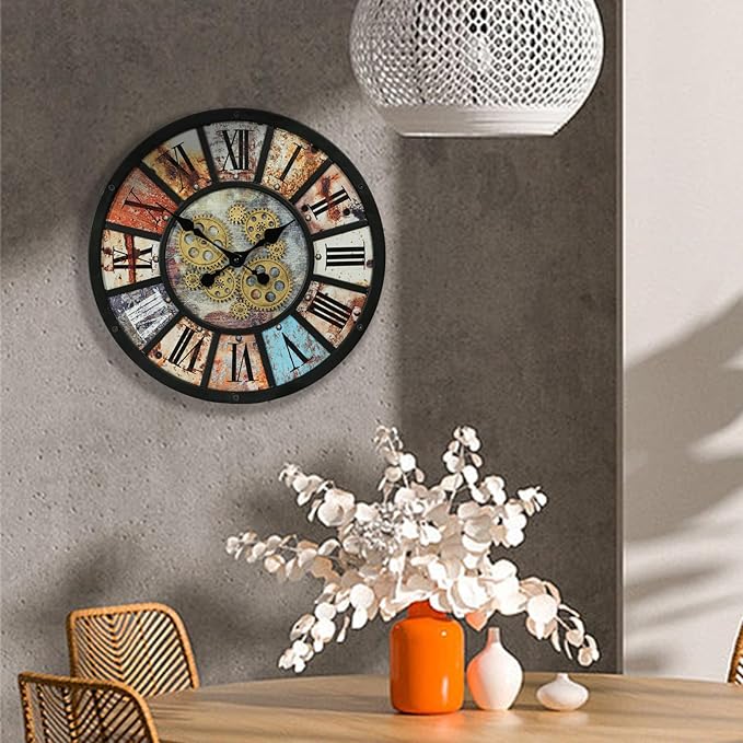 Unique Moving Gear Extra Large Wall Clock 21"-Battery Powered. Retro Industrial Steampunk Country Farmhouse Decor for Living Room, Kitchen,Bars, Restaurants, cafes, Offices(Black- 21")