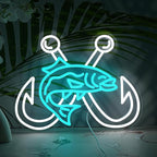 LISIGNVE Crossed Fish Hooks Neon Sign Fishing Led Neon Light for Wall Decor Fish On Light up Sign for Fishing Gear Store Yacht Gift for Father Boy(16.5 * 12.6 In)