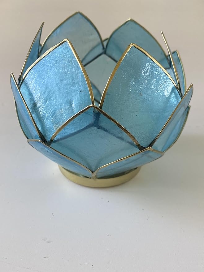 Blooming Lotus Capiz Shell Tealight Candle Holder, Handcrafted Decorative Tea Light Candleholder with Translucent Flower Petals for Ambient Illumination and Natural Elegance, Aquamarine