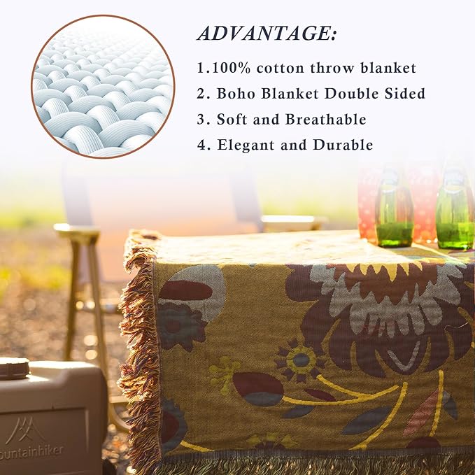 Snycler Boho Throw Blanket for Bed, 100% Organic Cotton Muslin Soft Throw-Yellow Boho Floral Farmhouse Rustic Spring Summer Fall Decor Blanket for Couch Sofa Quilt and Gift, 60" x 80"
